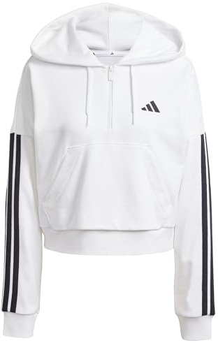 adidas Women's ESSENTIALS 3-STRIPES FRENCH TERRY QUARTER-ZIP HOODIE, White/Black, XXS