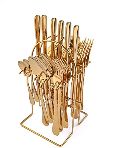 LIKECRAFT Juego de Cubiertos de 24 Piezas con Estante de Almacenamiento Dorado, Juego de Cubiertos de Acero Inoxidable para Servir Herramientas de Restaurante Familiar para 6 Personas