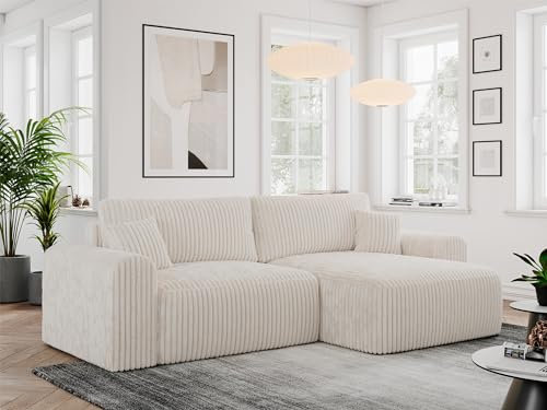 MKS MEBLE Cord Sofa L-Form, Ecksofa mit Schlaffunktion, Wohnlandschaft L-Form mit Kissen, Couch L-Form - Nelson - Beige Cord