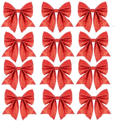 SULOLI 12 Stück Weihnachtsschleifen,Glitzer Weihnachten Bogen Dekorationen,Rot Weihnachtsbaum Bogen für Weihnachtsbaum Weihnachtskranz Tannenbaum Weihnachtsdeko