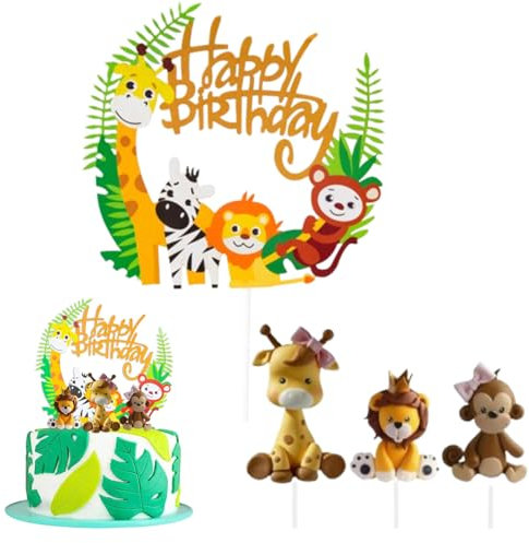 Tortendeko Tiere Safari Zoo Dschungel - Happy Birthday Cake Topper Figuren für Mädchen und Jungen