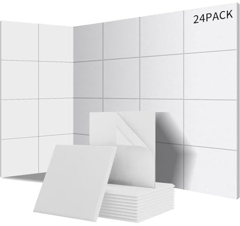 Sonuvia Lot de 24 panneaux acoustiques carrés autocollants I Isolation phonique efficace haute densité (230kg/m³) NRC 0.95 – Parfaits pour murs et portes, salle de jeux, Porcelaine blanche