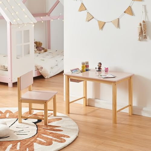 [en.casa] Juego de Mesa y Silla Infantil Skjåk Conjunto de Muebles para Niños de 2 Piezas Mesa con Compartimento Integrado Sala de Juego Dormitortio MDF Pino 45 x 68 x 42 cm - Natural/Rosa