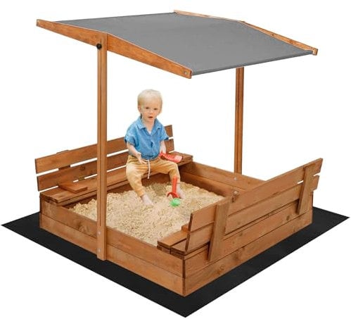 Sabbiera in legno bambini esterno con panche richiudibili 120x120 cm + telo copertura resistente + giochi giardino educativi motricità per bimbi piccoli SPRINGOS