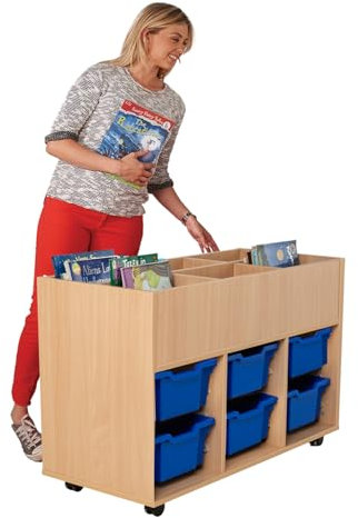 Wonderwall Beech School Storage Unit, 650 x 1045 x 490 mm, Kinderbox with 6 Blue Gratnell Deep Trays & Top Compartments - Ideal Practical unit for School, Library, Early years