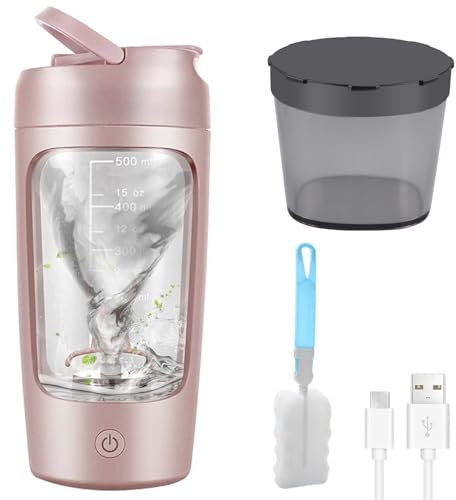 GOMETY - Coctelera eléctrica 650 ml - Mezclador automático proteínas, compartimento polvo, sin BPA, recargable USB, batidos cremosos proteínas, rosa