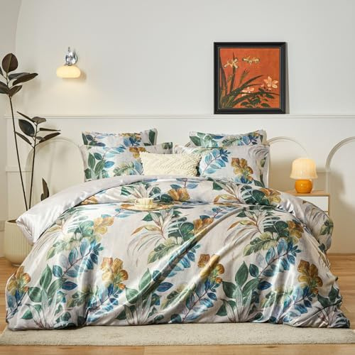 YASMENG Satin Bettwäsche 135x200 4teilig Blätter Motive Bettwäsche Satin Glänzend Glatt Deluxe Weich Kuschelig Seidig Seide Bettbezug Set mit Reißverschluss und 2 Kissenbezüge 80x80 cm
