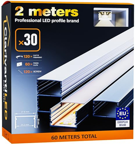 ClarivantiLED LED Profil 2m×30 Aluminium U-Form mit Milchig Weißer Abdeckung Kanal mit Diffusor,Alu Profil LED Streifen Schiene kanalleiste Aluprofil Streifen Profile,lichtkanal led strip aluschiene