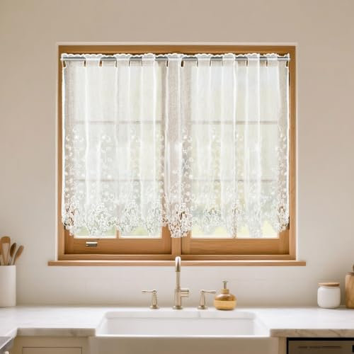 HiSnug Curtain Weiß Scheibengardine Jacquard Gardine Hohl Stickerei Vorhang Voile Kurzstore Küche Tür Korridor Gardine H75 x B150 cm - 1 Stück