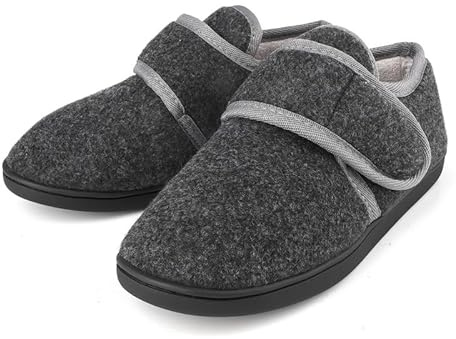 TIESTRA Warm Hausschuhe Herren Beflockung Diabetiker Hausschuhe Breiter Fuß Filzpantoffeln Mit Memory Foam Sohle,Filz Herrenhausschuhe Mit Klettverschluss,Schwarz Größe 42