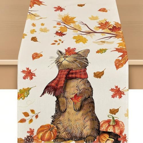 Gleemix Katze Tischläufer Herbst, Erntedankfest DekoTischläufer Orange, Halloween Tischläufer, Saisonnal Küche Tisch Dekoration, 33X183 cm