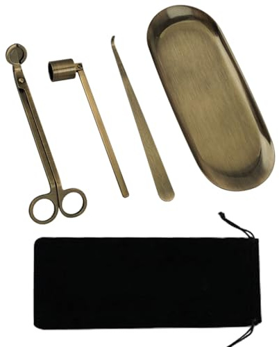 MrMrKura 4 in 1 Kerzenzubehör Set, Kerzenlöscher, Kerzendochtschneider, Kerzenteiger, Aufbewahrungstablett Platte, Kerzenpflegeset mit Samtbeutel für Kerzenliebhaber (Bronze)