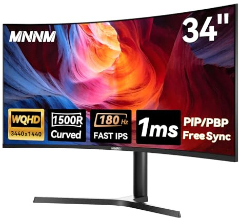 MNNM 34 Ultra Wide Gaming Monitor - WQHD 3440x1440 R1500 21:9 Curved Computer Monitor for Gamer, 180Hz 1ms AMD FreeSync PIP/PBP Crosshair TÜV Eye Care, HDMI 2.0 & DP1.4
