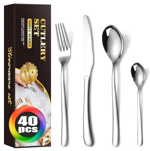 MURRI&MURRDI 40 Piece Stainless Steel Cutlery Set for 10, Knife Fork Spoon | Silver Metal Camping Flatware Set for Office Picnic, Polished, Dishwasher Safe, with Teaspoon, Dinner Set Bulk for 10 People