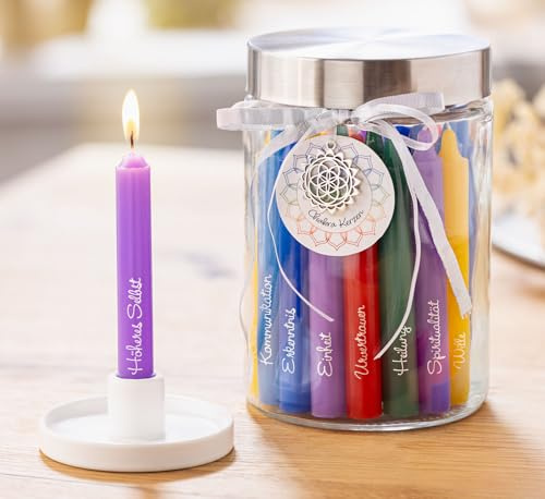 Geschenkset Chakra-Kerzen – 28 Stabkerzen mit Keramikhalter im Glas