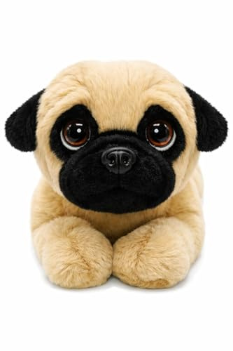 STUWU Plüschtier Mops 23 cm – liegender Kuschelhund superweich – süßer Plüschhund Stofftier für Kinder & Hundeliebhaber