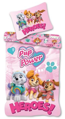 PAW Patrol Pup Power Heroes Wende-Bettwäsche-Set für Mädchen 135x200 | Bettbezug 135x200, Kissenbezug 80x80, 100% Baumwolle, Liberty Skye Everest