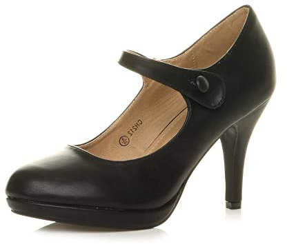 Ajvani Womens Ladies mid high Heel Mary Jane Strap Evening Court Shoes Pumps, 6 UK, Black Matte