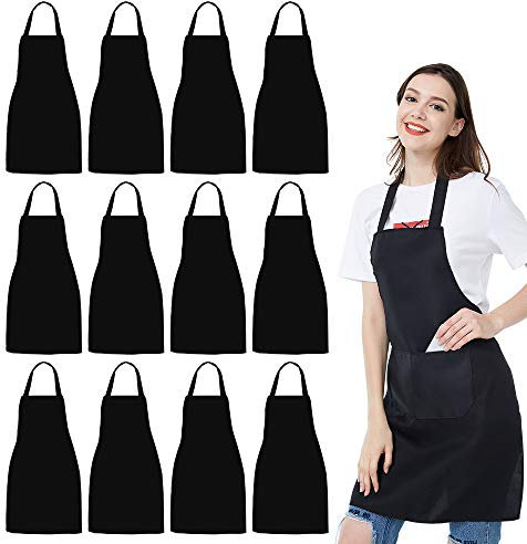 Kochschürze, 12 Stück, Unisex, schwarze Schürzen mit 2 geräumigen Taschen, maschinenwaschbar für Küche, Basteln, Grillen, Zeichnen
