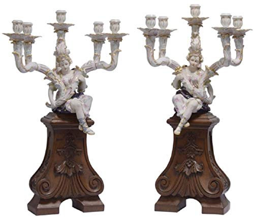 Casa Padrino Jugendstil Kerzenhalter Set Weiß/Braun 35 x 26,6 x H. 68,7 cm - Porzellan Kerzenständer mit Dekofigur und Holzsockel