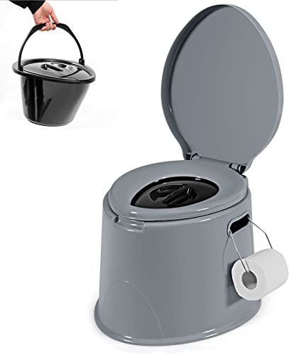 COSTWAY Toilette Sèche Portable Extérieure 5L avec Seau Intérieur et Porte-Papier Amovible pour Camping, Randonnée, Charge Max 200 kg, Gris