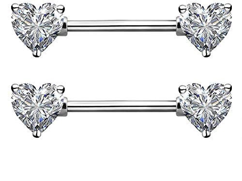 OUFER Nipple Piercing 2PCS 14G 316L Surgical Steel Nipple Rings Barbell Heart CZ Nipple Rings Piercing for Women Nipple Shield Piercing Body Piercing white gold