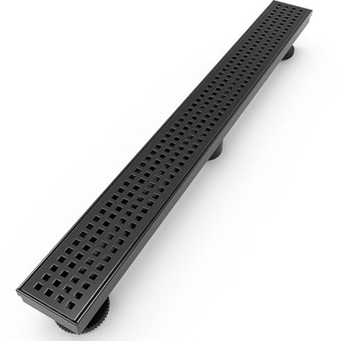 WEBANG Siphon de douche rectangulaire linéaire de 71,1 cm avec accessoires, grille amovible Quadrato en acier inoxydable SUS 304 de qualité alimentaire, certifié Watermark et CUPC, noir mat