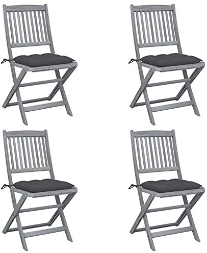 Tidyard 4X Gartenstuhl Klappbar mit Kissen Klappstuhl Holzstuhl Balkonstuhl Gartenmöbel Stuhl Stühle Terrassenstuhl Akazienholz Massiv Anthrazit