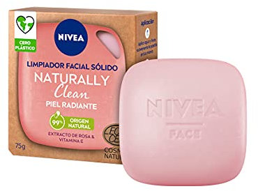 NIVEA Naturally Clean Limpiador Facial Sólido Piel Radiante (1 x 75 g), pastilla 99% de origen natural para una limpieza profunda, con extracto de rosa y vitamina E