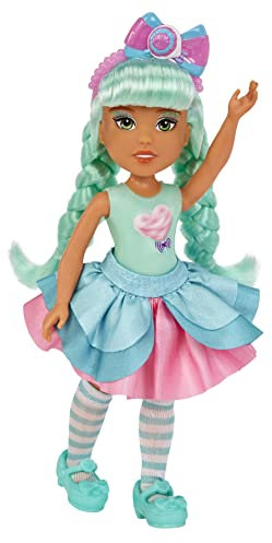 MGA Dream Bella Kleine Candy Prinzessin - DREAMBELLA - Zuckerwatte-Motiv mit Bonbonduft, 14 cm - Scratch 'N Sniff Etikett, langes, grünes Haar, Stirnband und modische Accessoires - Ab 3 Jahren