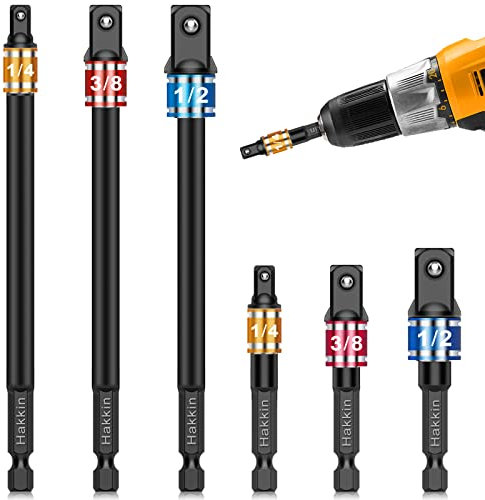 Impact Socket Adapter Set Hakkin 6Pcs Impact Driver Socket Adapter 3 6 Extension Bit 1/2 3/8 1/4 Drive Power Drill Socket Converter for Drill, Impact Torque Wrench DIY Tools Kit Gifts for Men