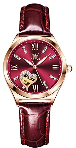 rorios Mode Damen Uhren Automatische Mechanische Uhren mit Lederband Skelett Leuchtend Damen Armbanduhren(Rosenrot)