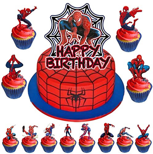Spiderman Happy Birthday Cake Toppers Cupcake Toppers for Boys Birthday Party Cake Decorations Supplies, Personalized Superhero Theme Cake Toppers for Kids Boys 6 10 13 16th Birthday Party Decor