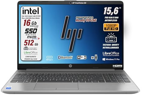 HP 250 G9 pc portatile, RAM 16 Gb DDR 4, SSD da 512 Gb Display FHD 15.6, Intel N4500 fino a 2,8 GHz, Wi-fi, 3 usb, webcam HD, Win 11 Pro, tastiera retroilluminata, preconfigurato, Garanzia Italia