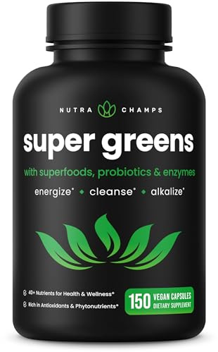 Organic Super Greens Capsules - Daily Fruits and Veggies Supplement - 150 Green & Reds Superfood Pills - 40+ Natural Whole Food Fruit & Vegetables, Prebiotic Fiber & Probiotics & Digestive Enzymes