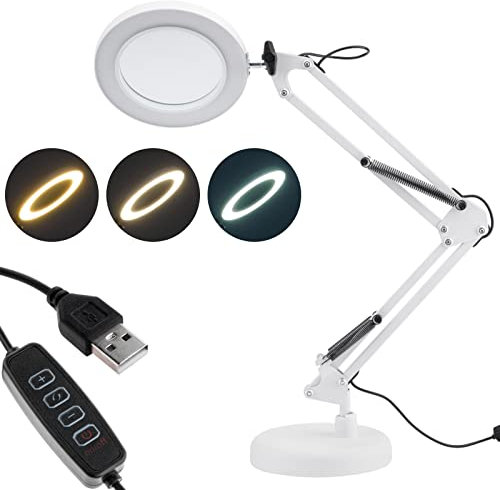 Lumiled LED 7W Lupenleuchte Lupenlampe Schwenkarm Schreibtischlampe Arbeitsplatzlampe 8x Vergrößerung USB dimmbar weiß 3 Farbmodi Glaslinse Lupe mit Licht Kosmetiklampe zum Basteln Lesen