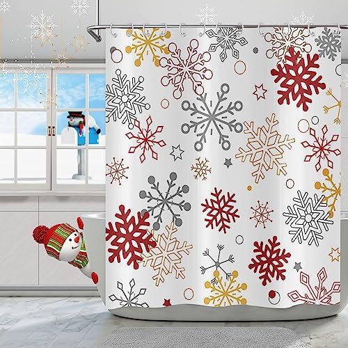 Hnmdmyi Duschvorhang Weihnachten 180x180, Rot Grau Gelb Schneeflocke Winter Xmas Holiday Happy New Year Weiß Bauernhaus Badewanne Vorhang Wasserdicht Polyester Stoff Waschbar Badevorhang mit Haken