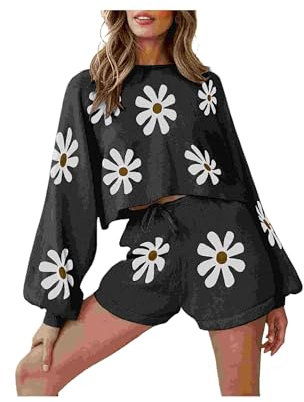 CheJooe 2-teiliges Strickset für Damen, niedliches Gänseblümchen-Motiv, langärmelig, Shorts, Pyjama-Pullover-Sets, Strick-Top, Shorts, Jogginganzug, Outfits, Schwarz , S