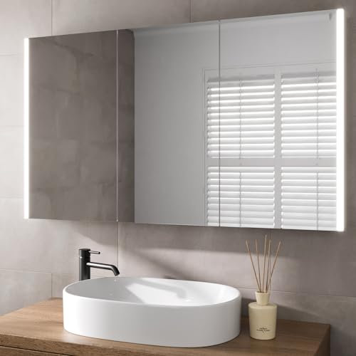 BAYSTONE® 1200 x 700mm Bathroom Mirror Cabinet LED Lights Wall Mounted Shaver Demister Illuminated Mirrors for Bathrooms, Mains Powered, Motion Sensor
