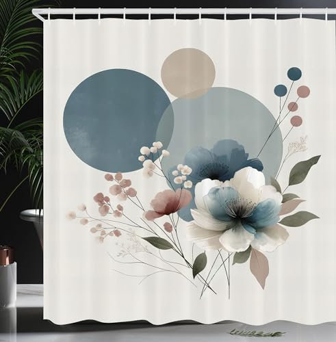ABAKUHAUS Monstera Duschvorhang, Minimalistische Aquarell Blumenarrangement in zarten neutralen Blautönen, Stoffliches Gewebe Badezimmerdekorationsset mit Haken, 175 x 200 cm, Blaugrau Rouge