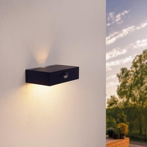 Ledvion Moderne Solar-Wandleuchte mit Bewegungssensor, Schwarz, 3W, 3000K, IP65 Wasserdicht & 220 Lumen, Bewegungserkennung & Dämmerungsschalter, Energieeffizient & Wetterfest