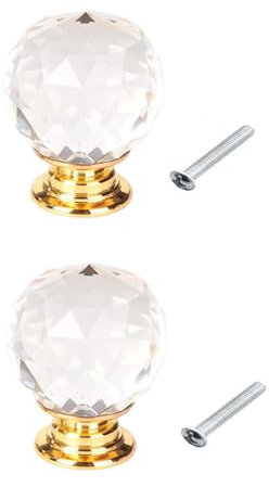 Lansonee 2 Pcs Crystal Door Knobs,Drawer Carbinet Door Handle Puller with Screws for Home Kitchen Office Drawer Cupboard Closet-Gold-30mm