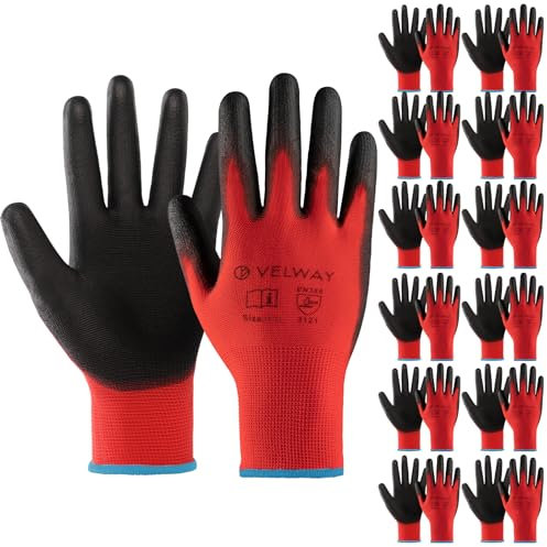 Velway Gants de Travail 12 Paires - Gants Resistant aux Abrasion - Revêtement en Polyester PU - Polyvalent Gants de Jardinage - Pour Mecanique Industrielle Logistique Assemblage - Rouge Taille 10