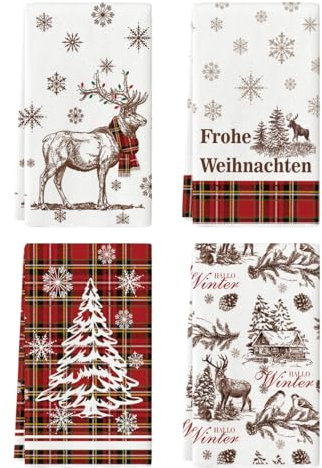 Artoid Mode Rot BüffelKaro Weihnachtsbaum Rentier Frohe Weihnachten Küchentücher Geschirrtücher, 42x65 cm Christmas Deko Polyester Handtücher 4er Set