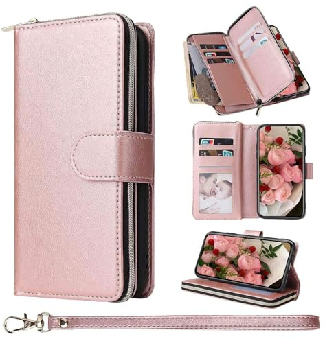 ZCDAYE Leather Phone Case for iPhone 16 Plus Wallet Case, Rose Gold | Practical Flip Case with Card Holder, Wrist Strap, Zipper Pocket, Magnetic Closure, Elegant Women Cases Phone Cover Holster