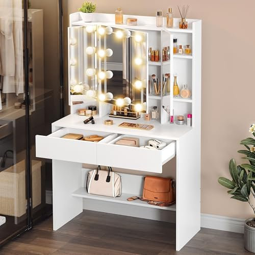 YITAHOME White Dressing Table, Vanity Desk with 3 Mirror and 2 Drawers, Bedroom Dressing Tables with LED Lights, 10 Bulbs, 3 Light Colours Jewellery Storage and Open Shelves, Modern Makeup Desk