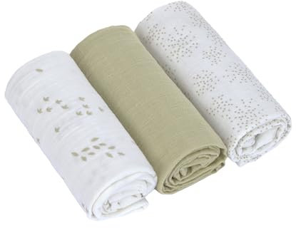 LÄSSIG Baby Puckdecke Spuckdecke Pucktuch Mulltuch 3er Set Baumwolle 60 x 60 cm/Swaddle & Burp Blanket M Leave Olive/Milky