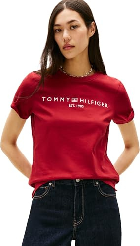 Tommy Hilfiger Damen T-Shirt Kurzarm Logo Rundhalsausschnitt, Rot (Regatta Red), M