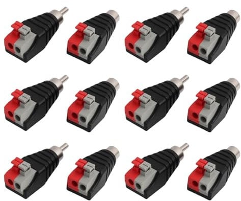 6 Pairs Male & Female to Speaker Wire Adapter - Nickel-Plated Phono Jack to AV Audio Video Spring Press Type Balun, Solderless Connectors for CCTV, Security Systems, Low Voltage Applications