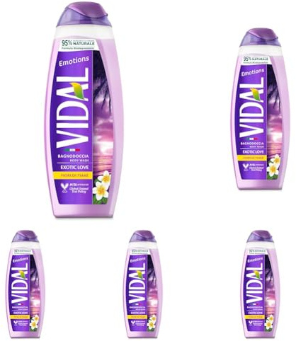 Vidal - Bagnoschiuma Emotions, Formula Rivitalizzante, Exotic Love, Fragranza ai Fiori di Tiaré, Dermatologicamente Testato, 500ml (Confezione da 5)